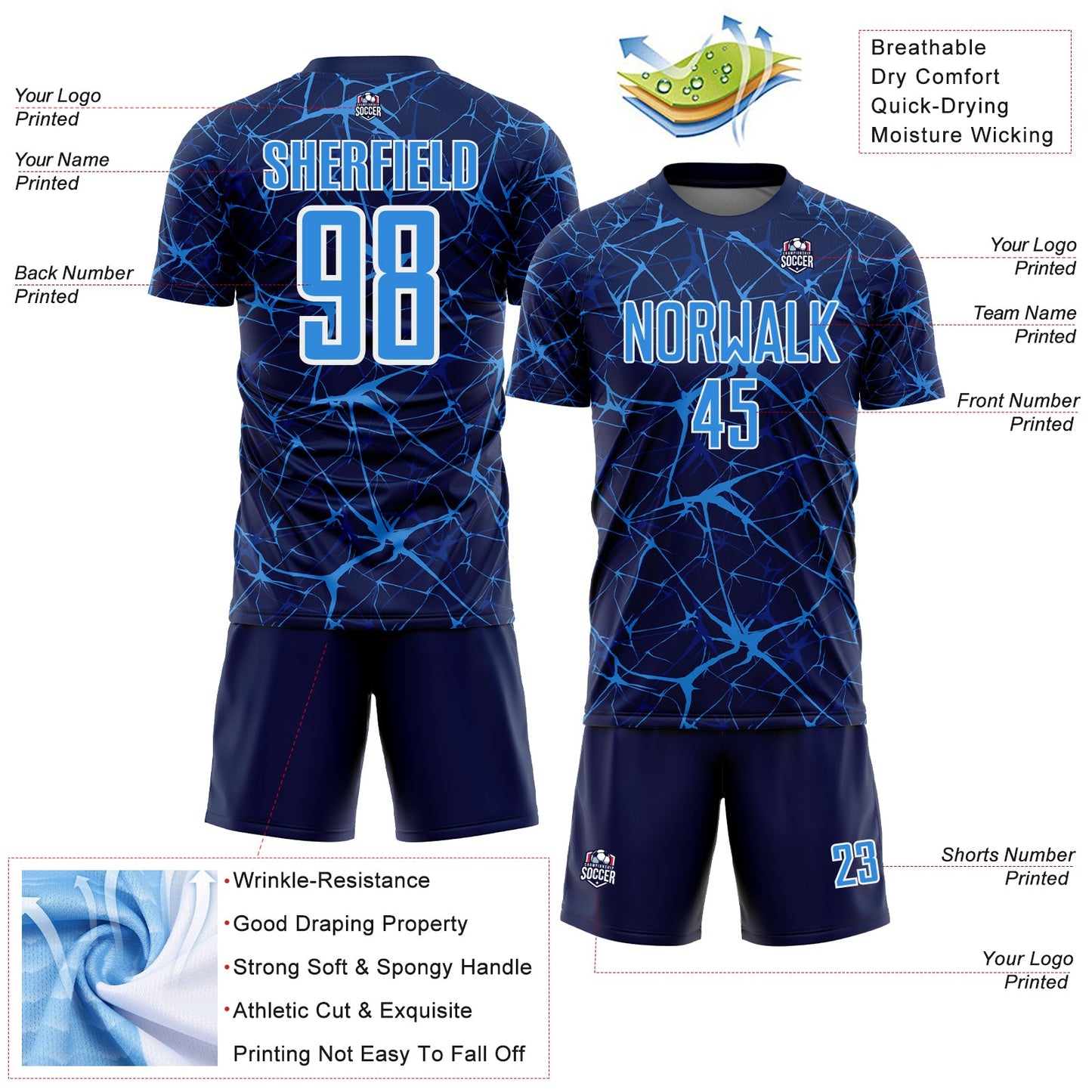 Custom Navy Powder Blue-White Abstract Network Crackle Sublimation Soccer Uniform Jersey view 4