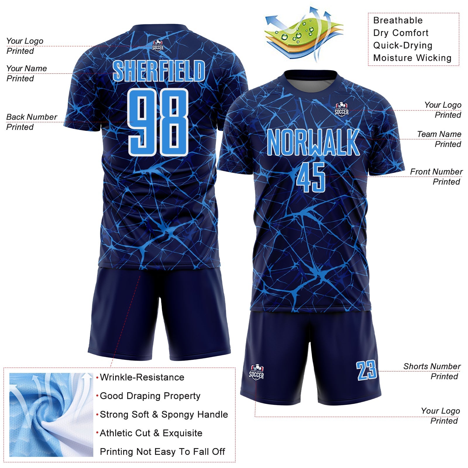Custom Navy Powder Blue-White Abstract Network Crackle Sublimation Soccer Uniform Jersey view 4