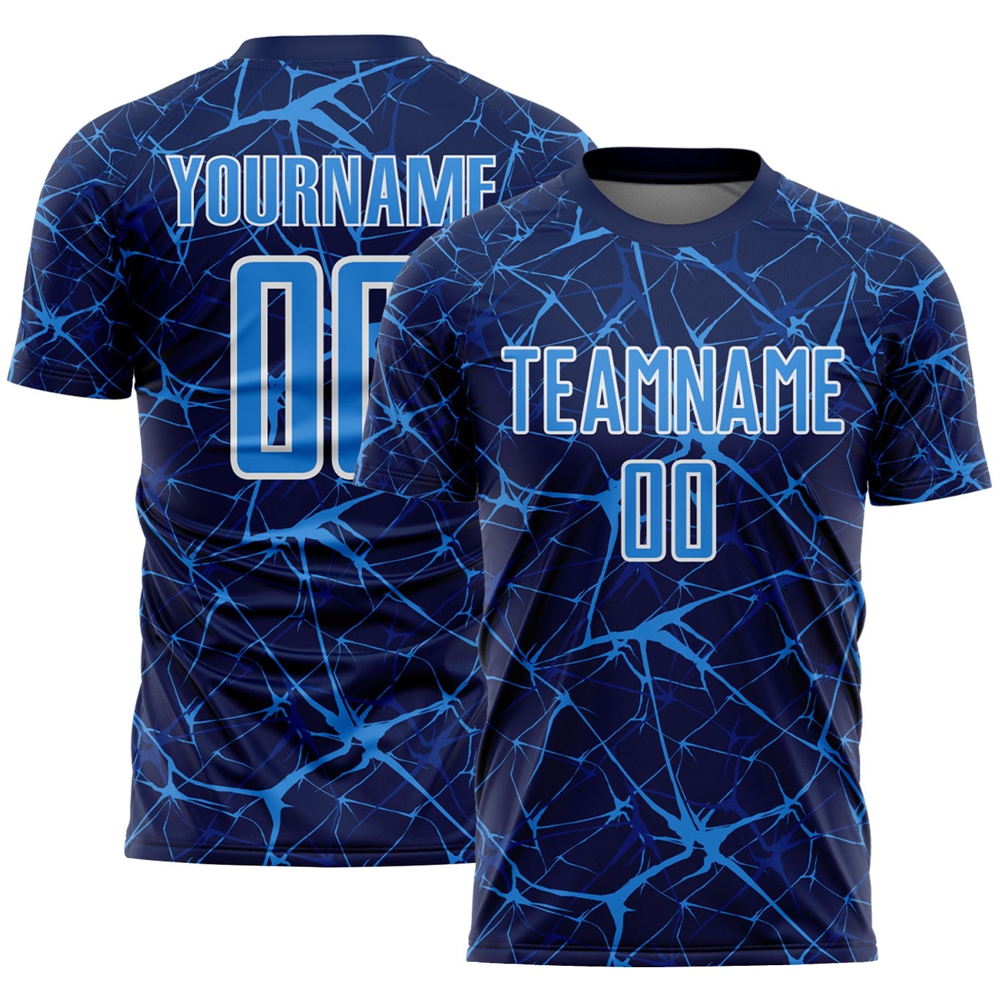 Custom Navy Powder Blue-White Abstract Network Crackle Sublimation Soccer Uniform Jersey - Main View