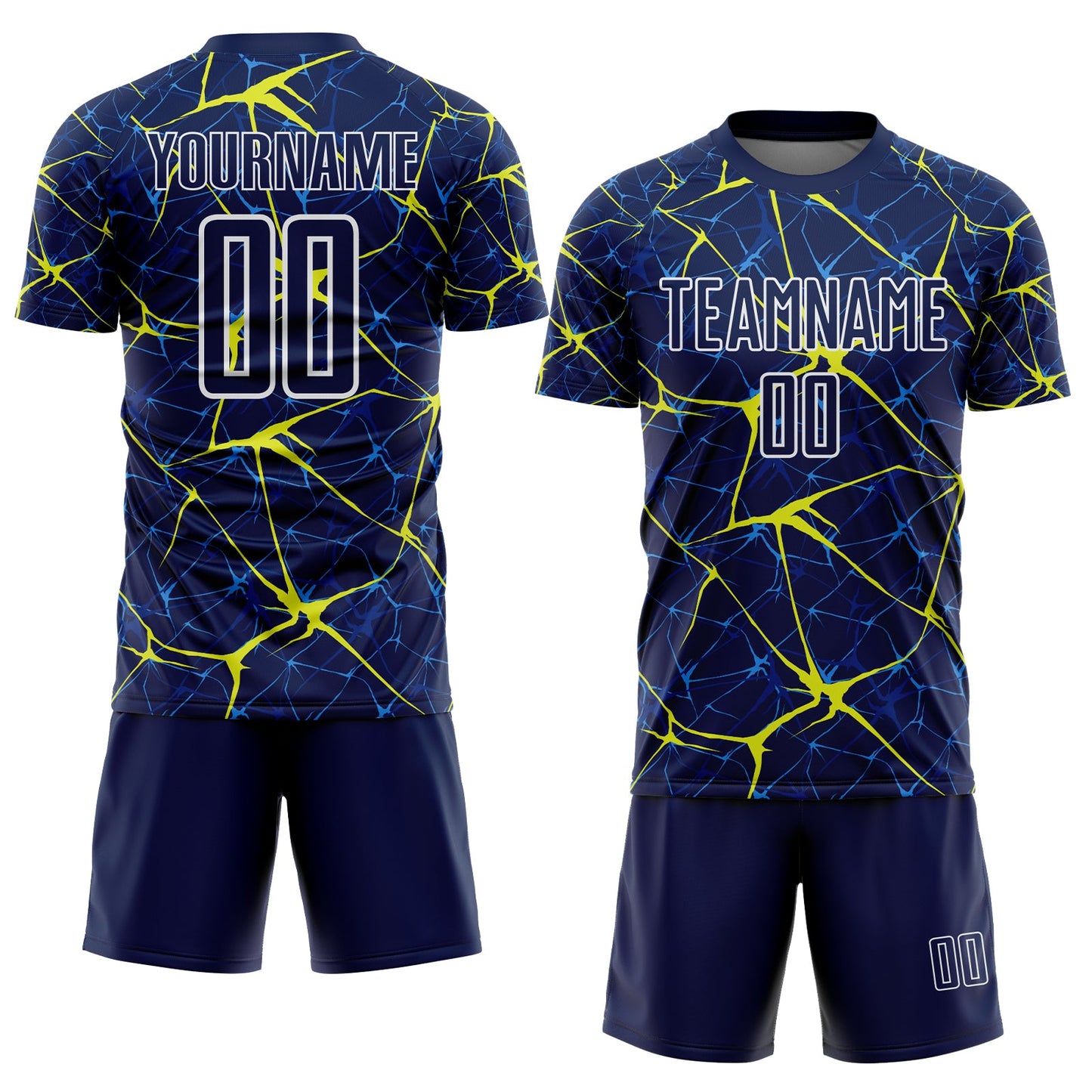 Custom Navy Neon Yellow-White Abstract Network Crackle Sublimation Soccer Uniform Jersey view 2