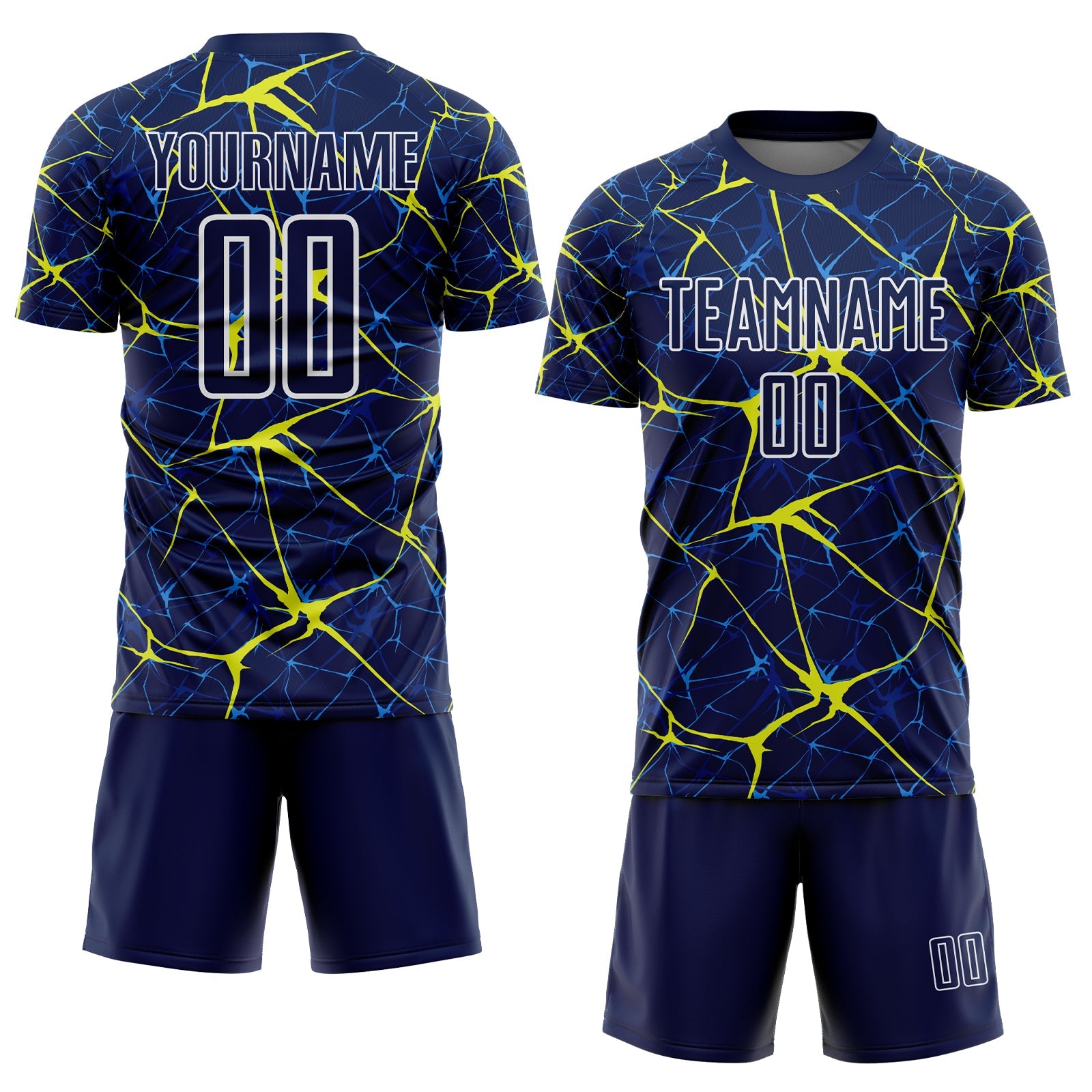 Custom Navy Neon Yellow-White Abstract Network Crackle Sublimation Soccer Uniform Jersey view 2