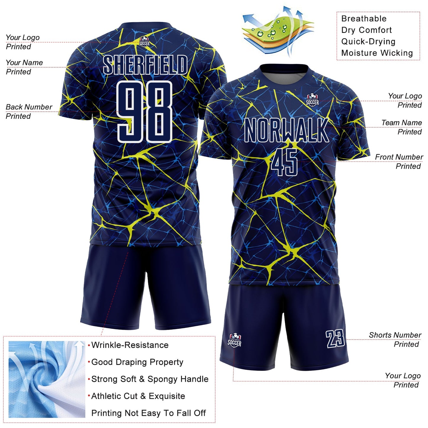Custom Navy Neon Yellow-White Abstract Network Crackle Sublimation Soccer Uniform Jersey view 4