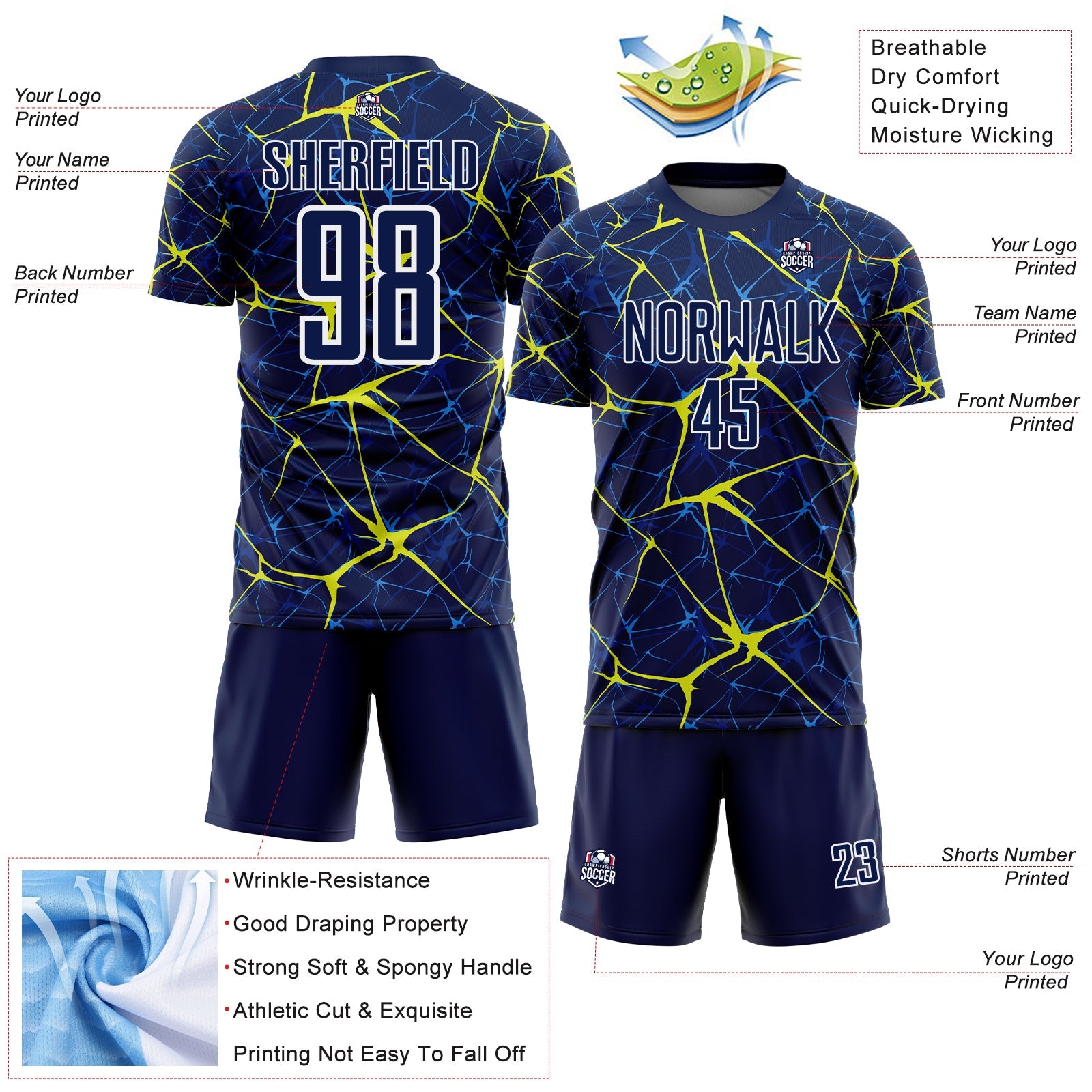 Custom Navy Neon Yellow-White Abstract Network Crackle Sublimation Soccer Uniform Jersey view 4