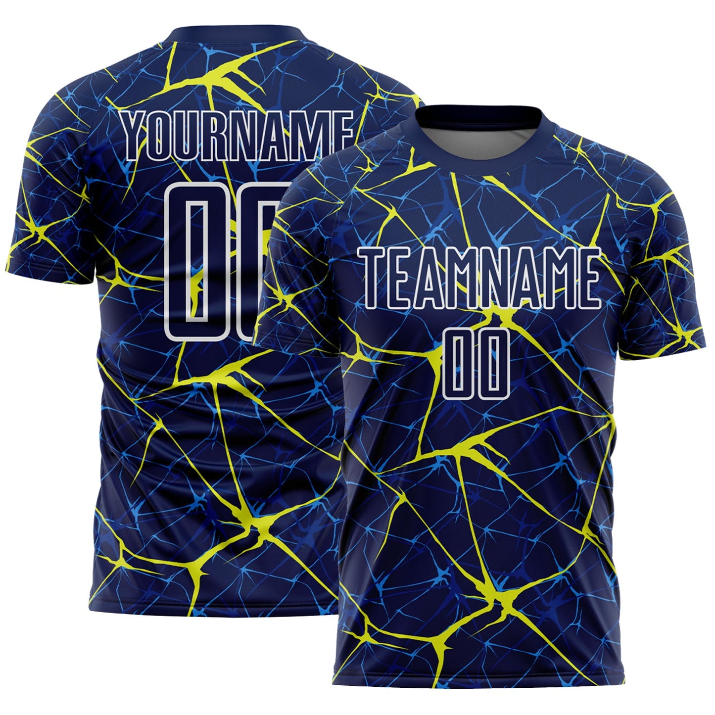 Custom Navy Neon Yellow-White Abstract Network Crackle Sublimation Soccer Uniform Jersey - Main View