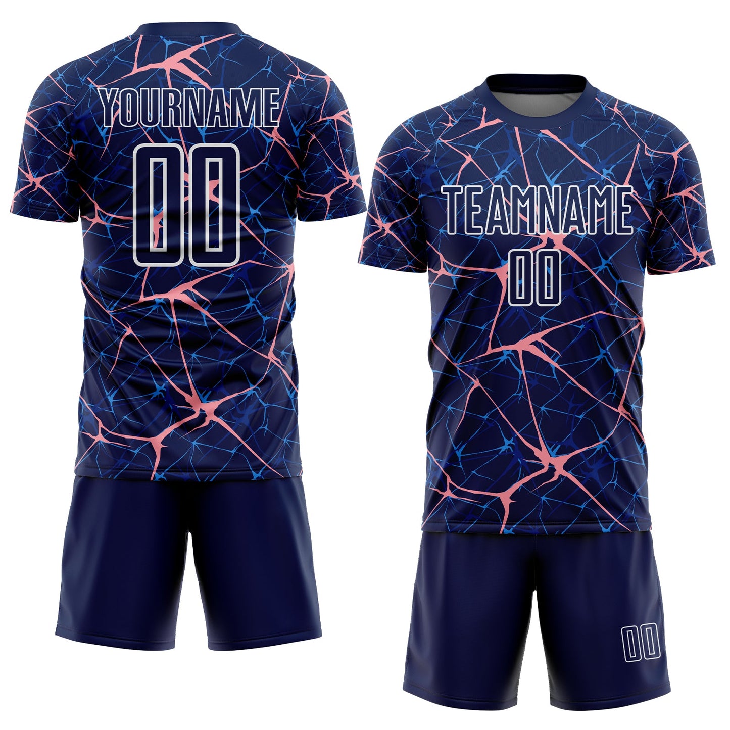 Custom Navy Medium Pink-White Abstract Network Crackle Sublimation Soccer Uniform Jersey view 2