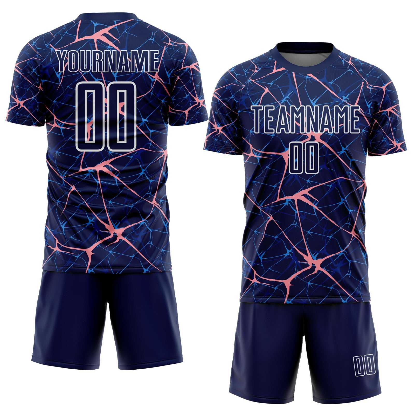 Custom Navy Medium Pink-White Abstract Network Crackle Sublimation Soccer Uniform Jersey view 2