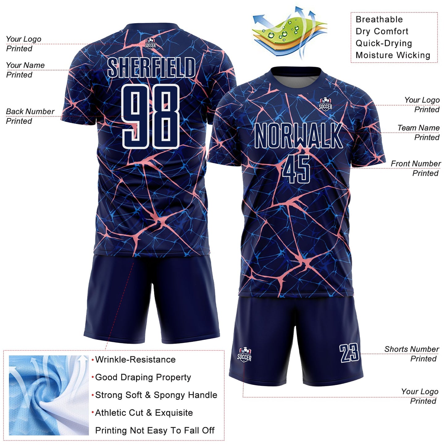 Custom Navy Medium Pink-White Abstract Network Crackle Sublimation Soccer Uniform Jersey view 4
