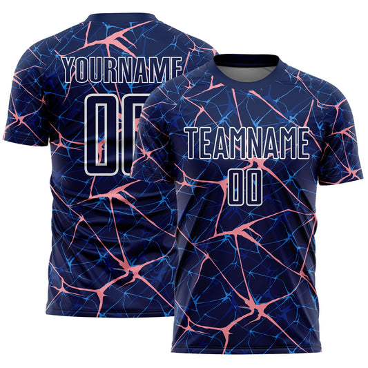 Custom Navy Medium Pink-White Abstract Network Crackle Sublimation Soccer Uniform Jersey - Main View