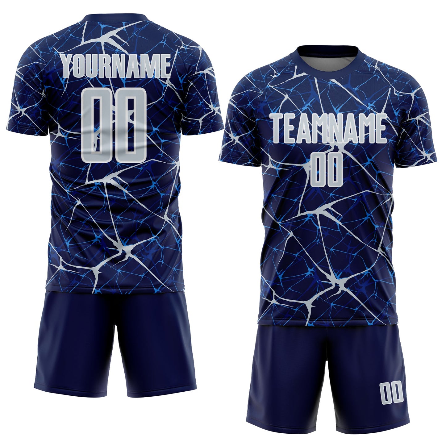 Custom Navy Silver-White Abstract Network Crackle Sublimation Soccer Uniform Jersey view 2