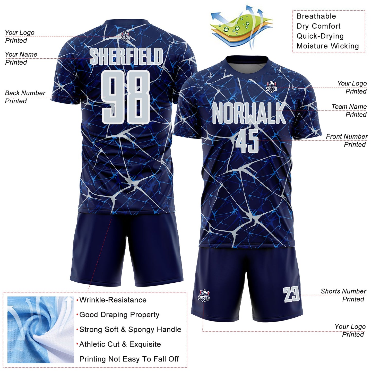 Custom Navy Silver-White Abstract Network Crackle Sublimation Soccer Uniform Jersey view 4