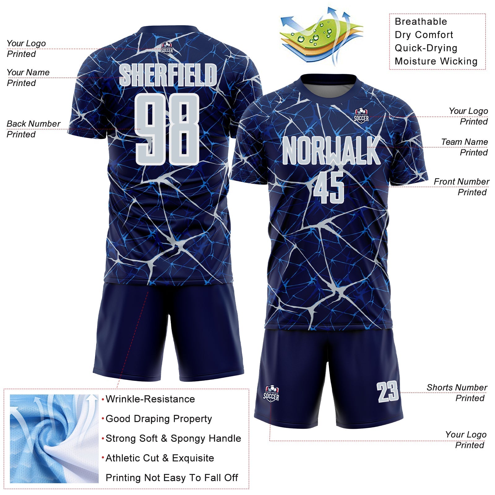 Custom Navy Silver-White Abstract Network Crackle Sublimation Soccer Uniform Jersey view 4