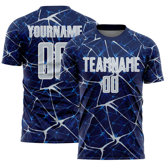Custom Navy Silver-White Abstract Network Crackle Sublimation Soccer Uniform Jersey - Main View