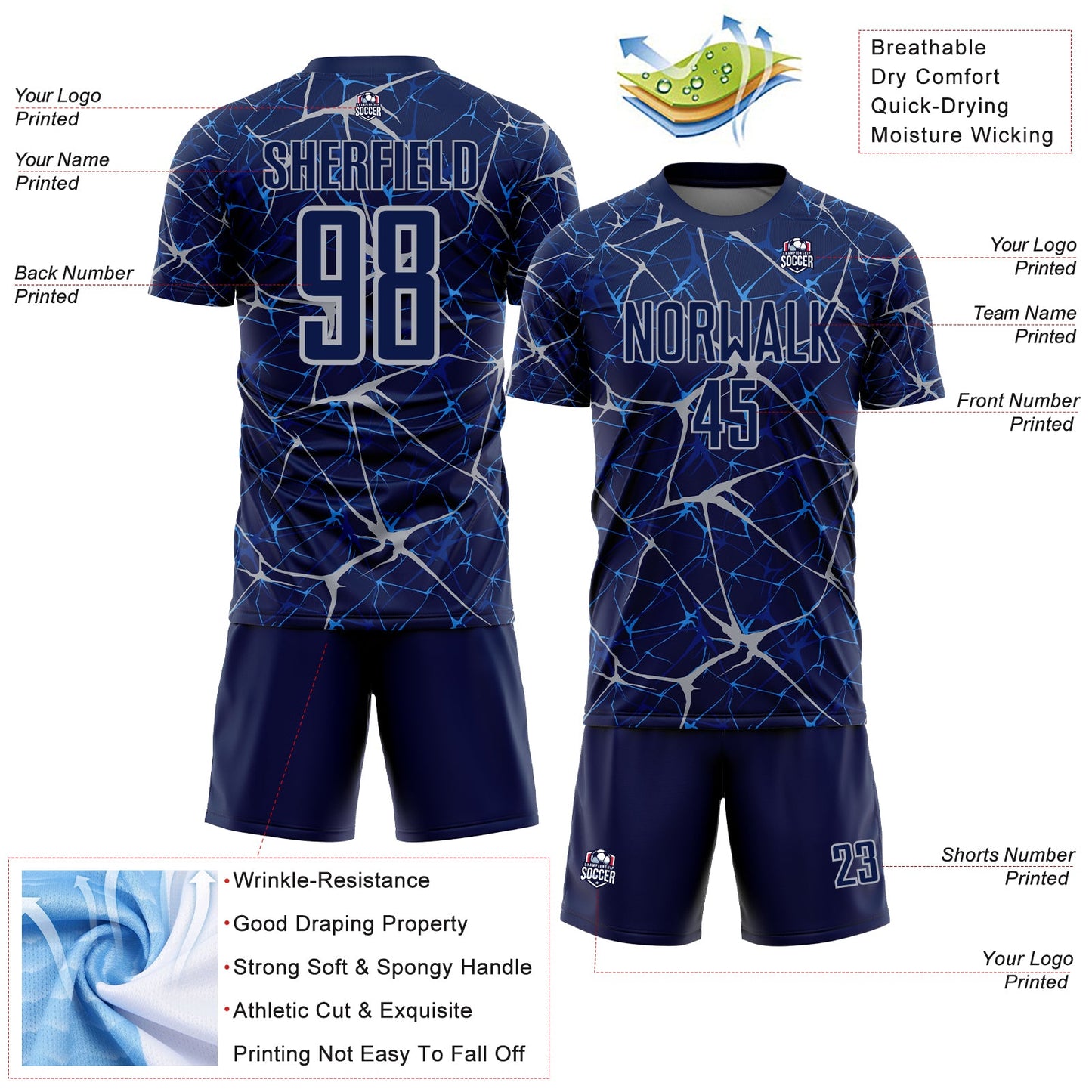 Custom Navy-Gray Abstract Network Crackle Sublimation Soccer Uniform Jersey view 4