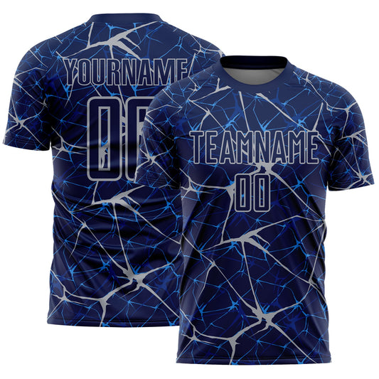 Custom Navy-Gray Abstract Network Crackle Sublimation Soccer Uniform Jersey - Main View