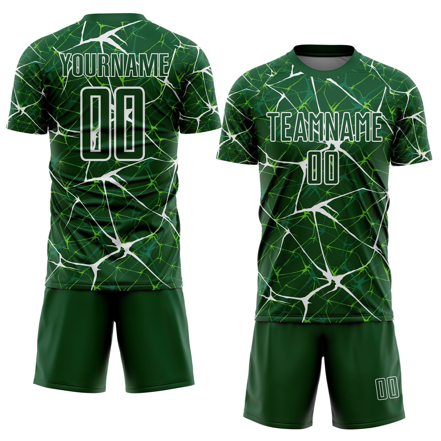 Custom Green-White Abstract Network Crackle Sublimation Soccer Uniform Jersey view 2