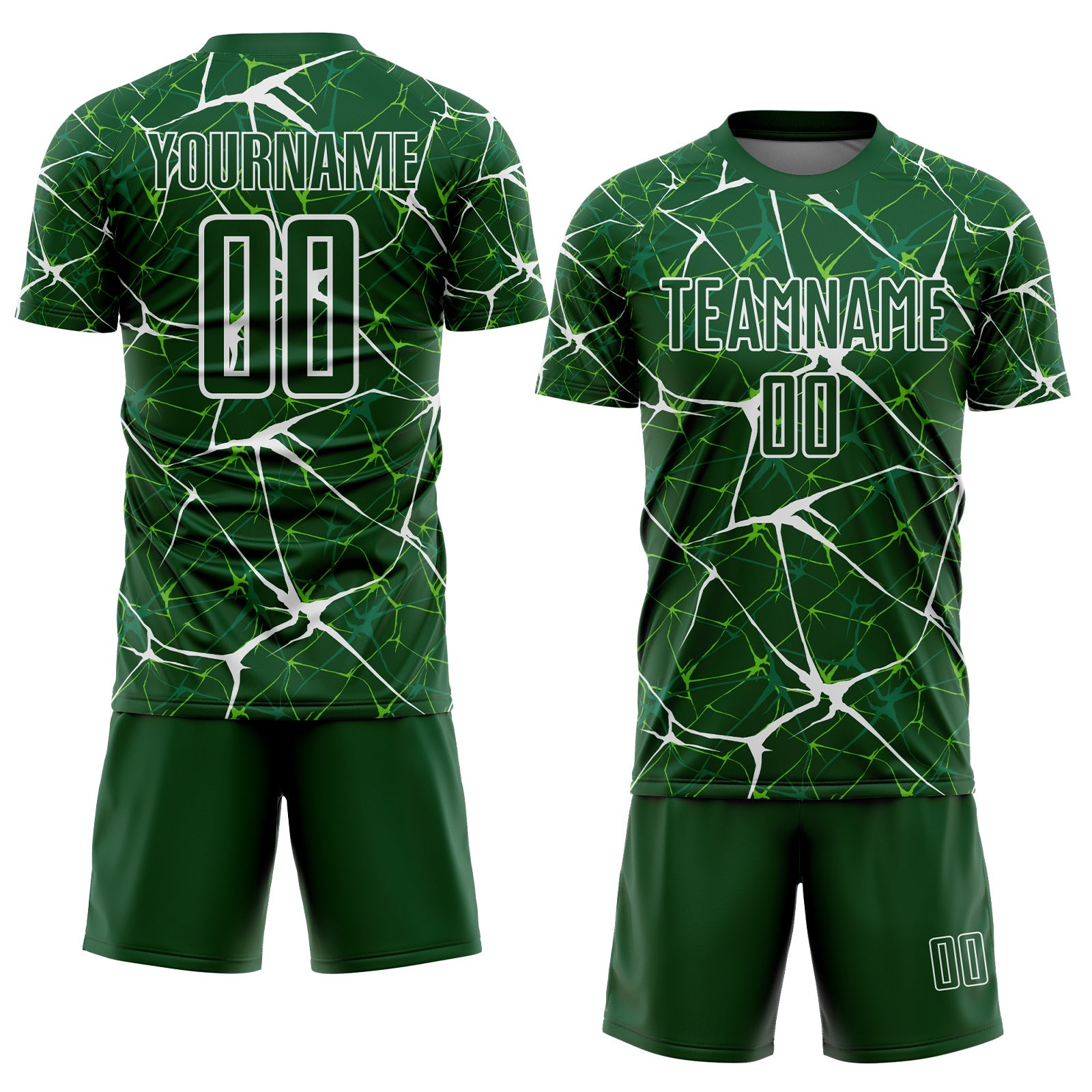 Custom Green-White Abstract Network Crackle Sublimation Soccer Uniform Jersey view 2