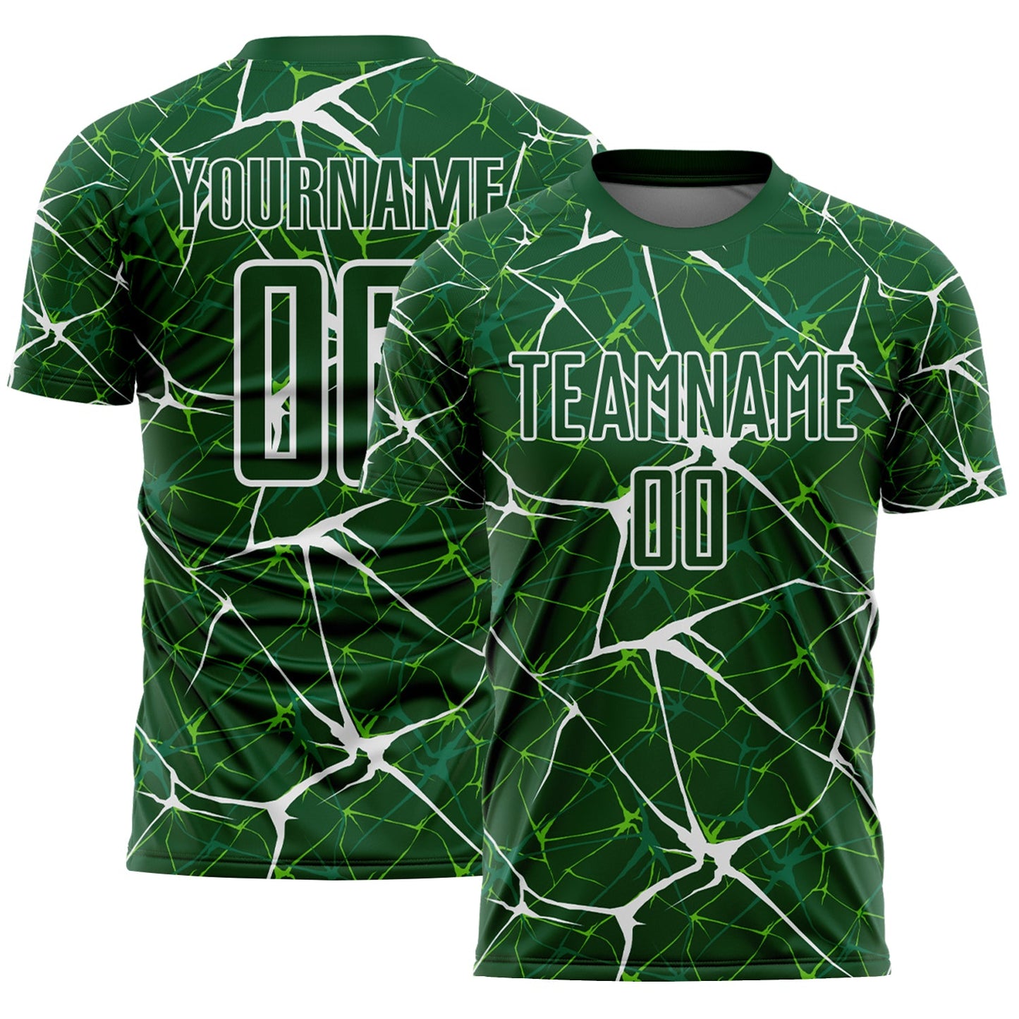 Custom Green-White Abstract Network Crackle Sublimation Soccer Uniform Jersey - Main View