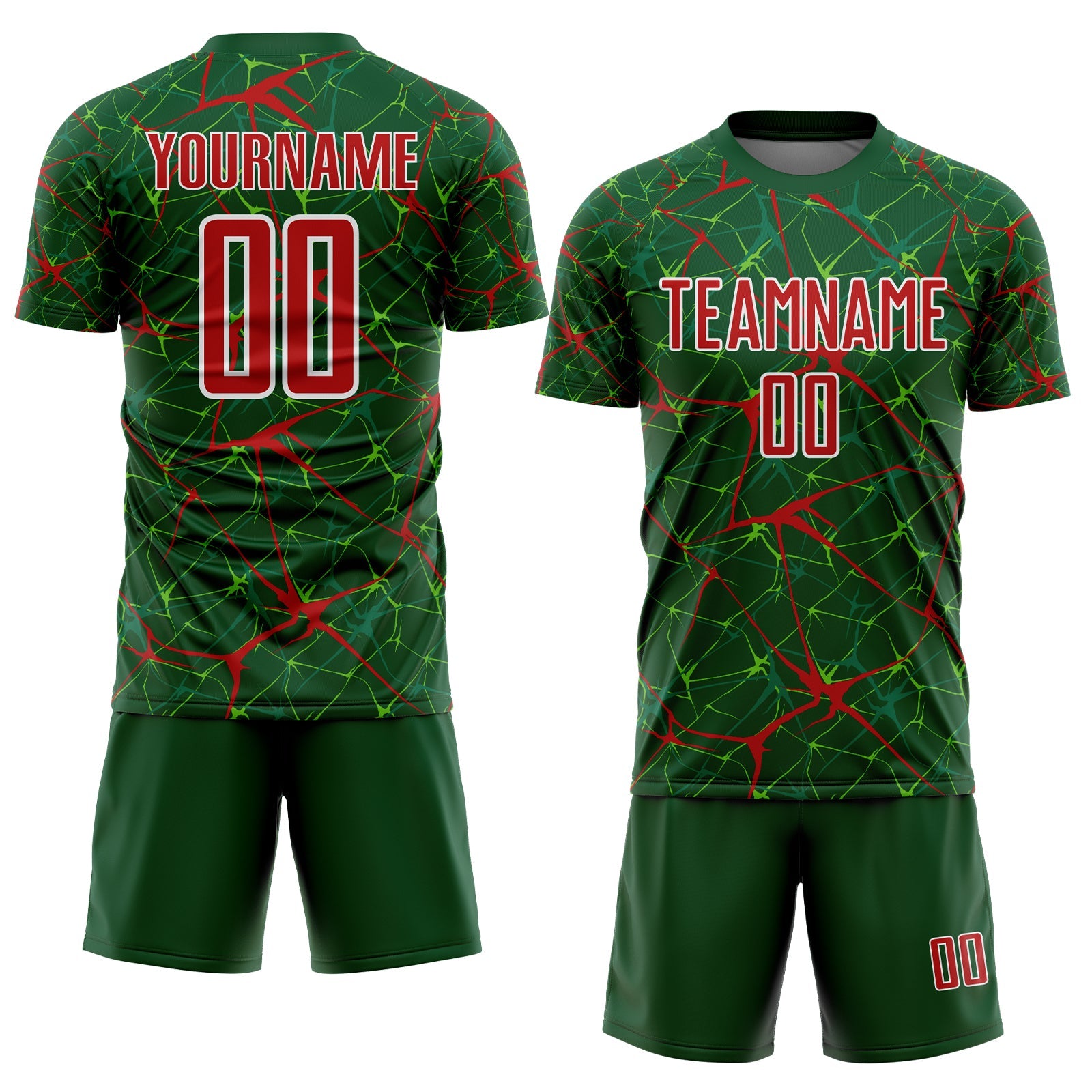 Custom Green Red-White Abstract Network Crackle Sublimation Soccer Uniform Jersey view 2