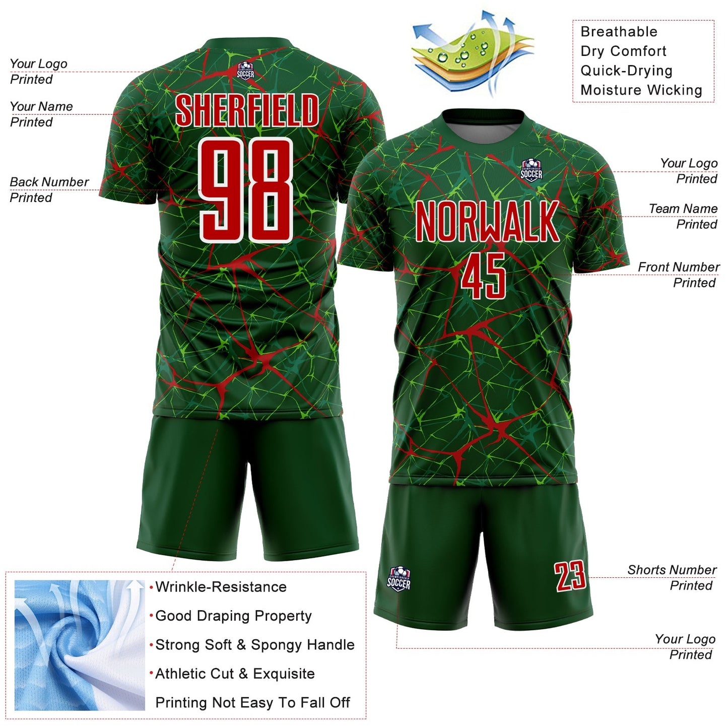 Custom Green Red-White Abstract Network Crackle Sublimation Soccer Uniform Jersey view 4