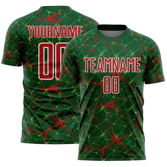 Custom Green Red-White Abstract Network Crackle Sublimation Soccer Uniform Jersey - Main View