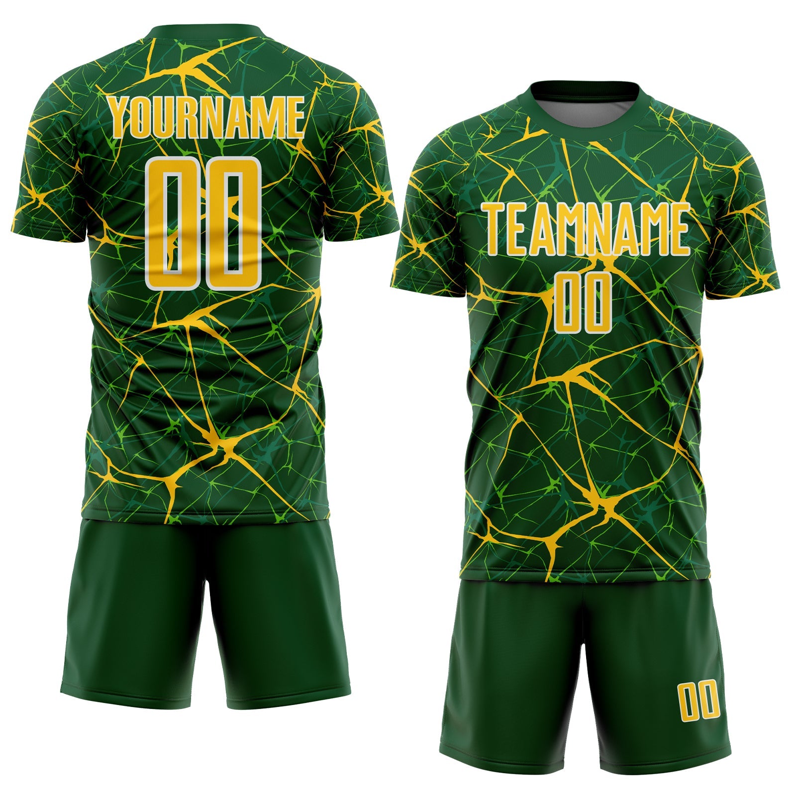 Custom Green Yellow-White Abstract Network Crackle Sublimation Soccer Uniform Jersey view 2