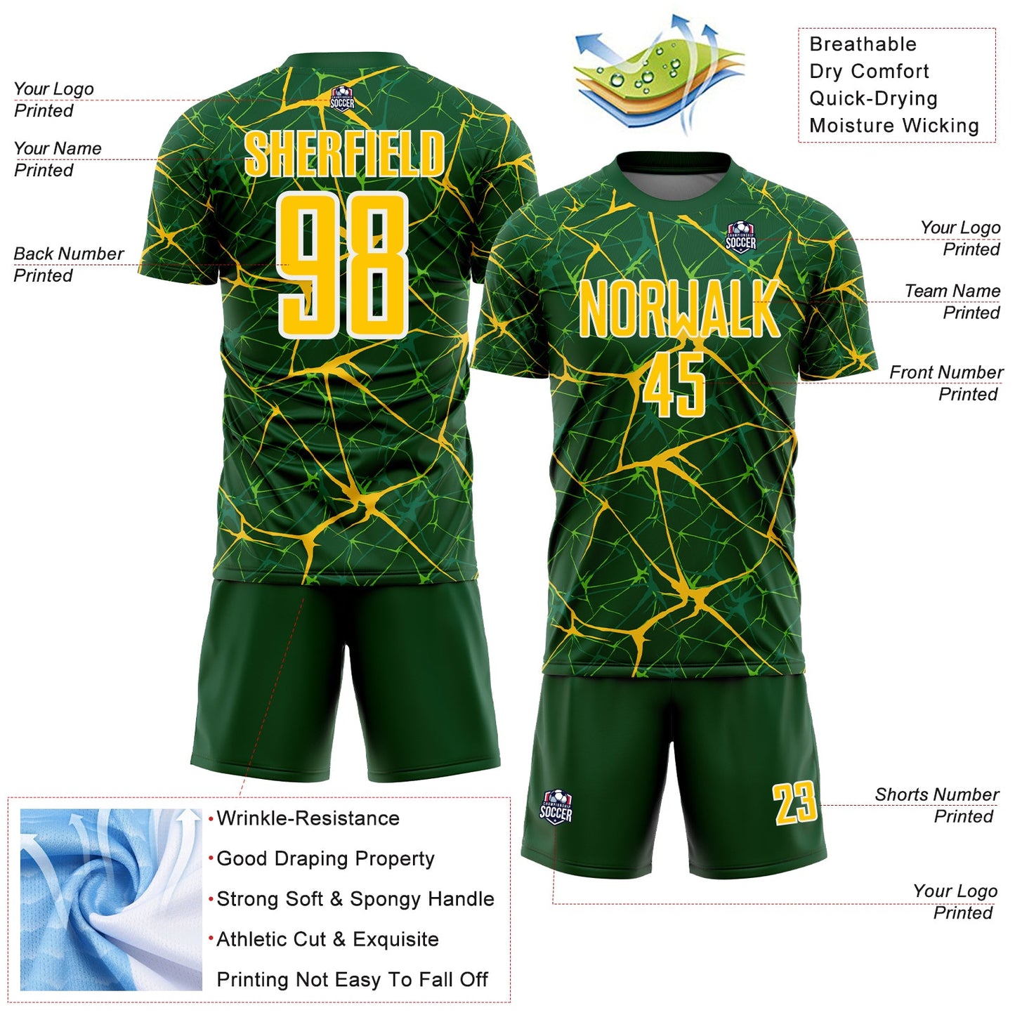 Custom Green Yellow-White Abstract Network Crackle Sublimation Soccer Uniform Jersey view 4