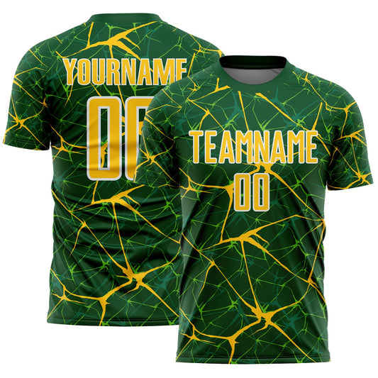 Custom Green Yellow-White Abstract Network Crackle Sublimation Soccer Uniform Jersey - Main View