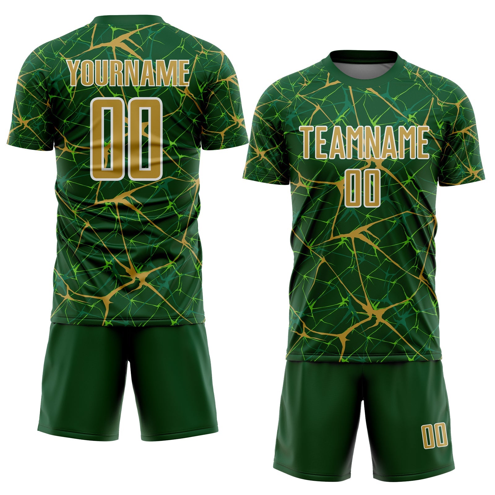 Custom Green Old Gold-White Abstract Network Crackle Sublimation Soccer Uniform Jersey view 2