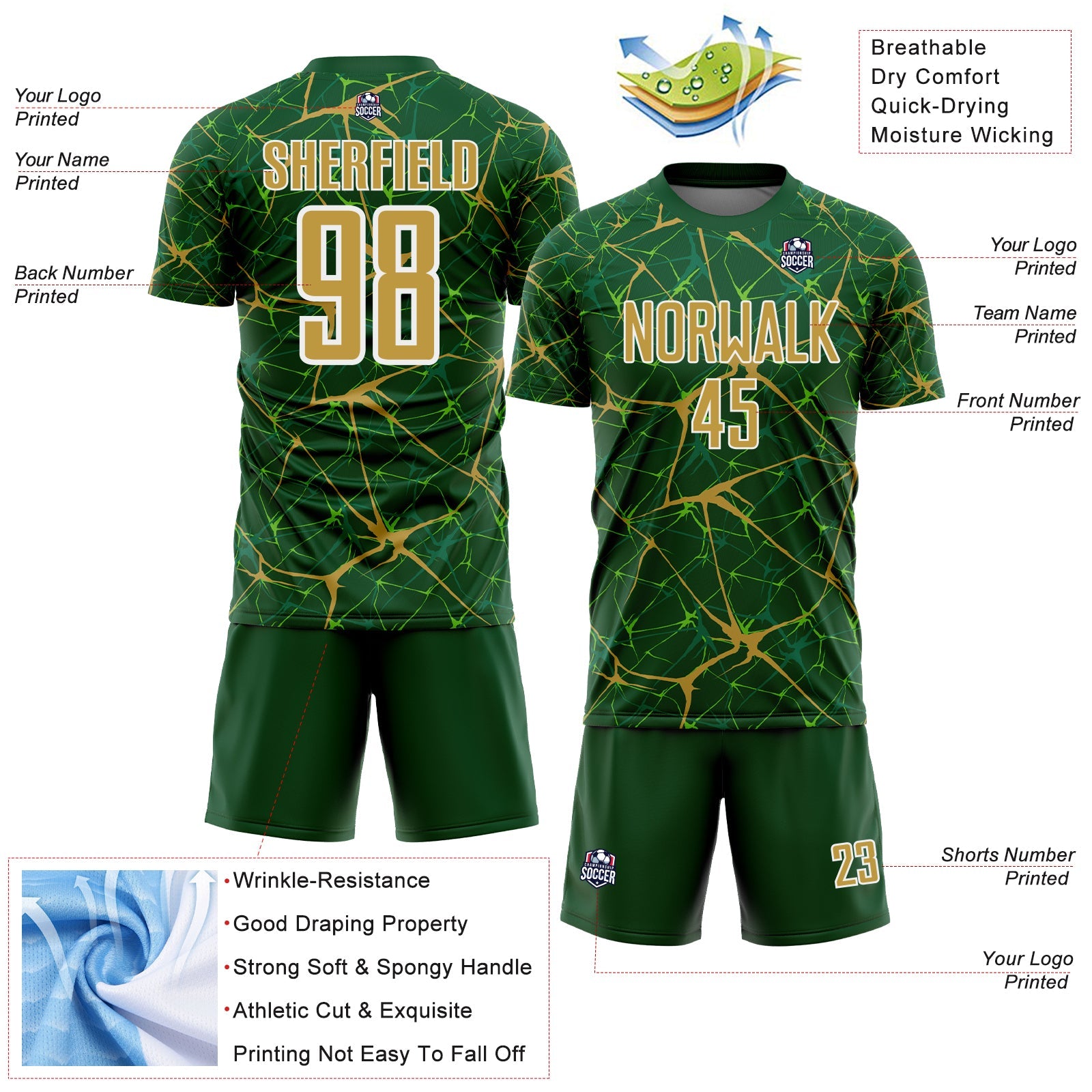 Custom Green Old Gold-White Abstract Network Crackle Sublimation Soccer Uniform Jersey view 4