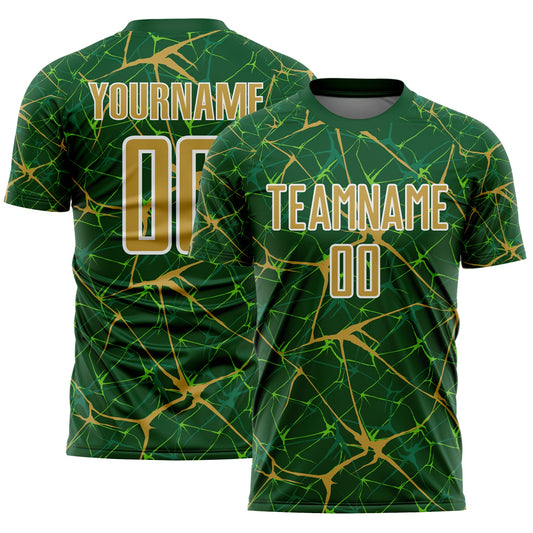 Custom Green Old Gold-White Abstract Network Crackle Sublimation Soccer Uniform Jersey - Main View