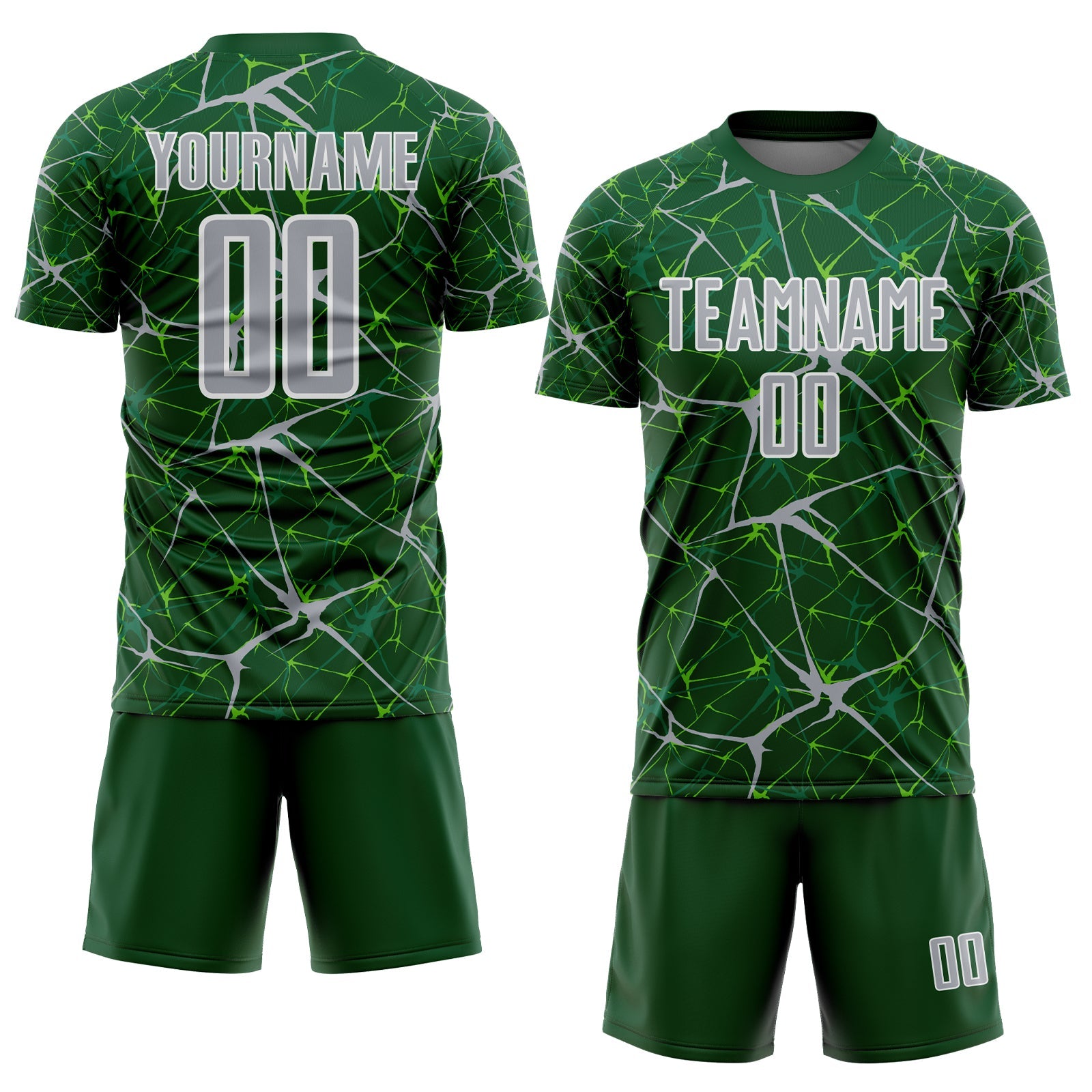 Custom Green Gray-White Abstract Network Crackle Sublimation Soccer Uniform Jersey view 2