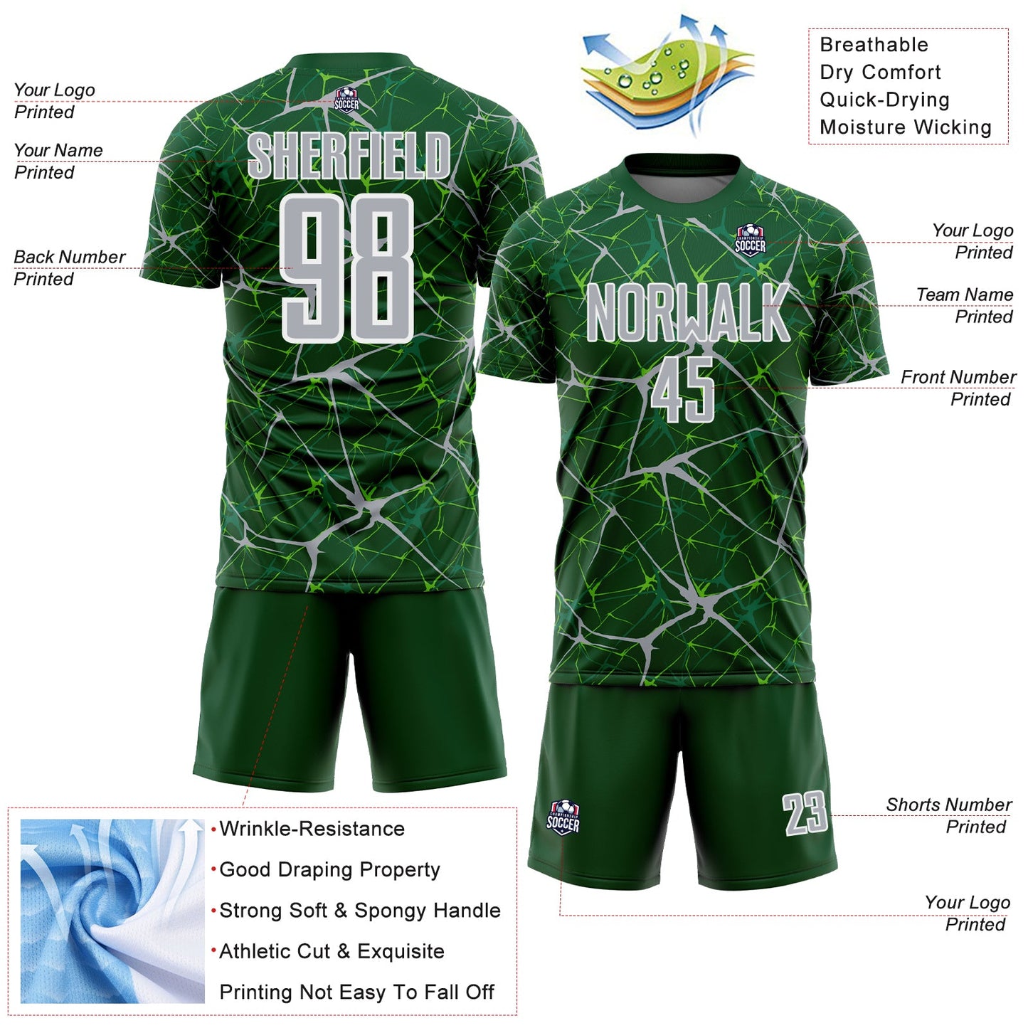 Custom Green Gray-White Abstract Network Crackle Sublimation Soccer Uniform Jersey view 4