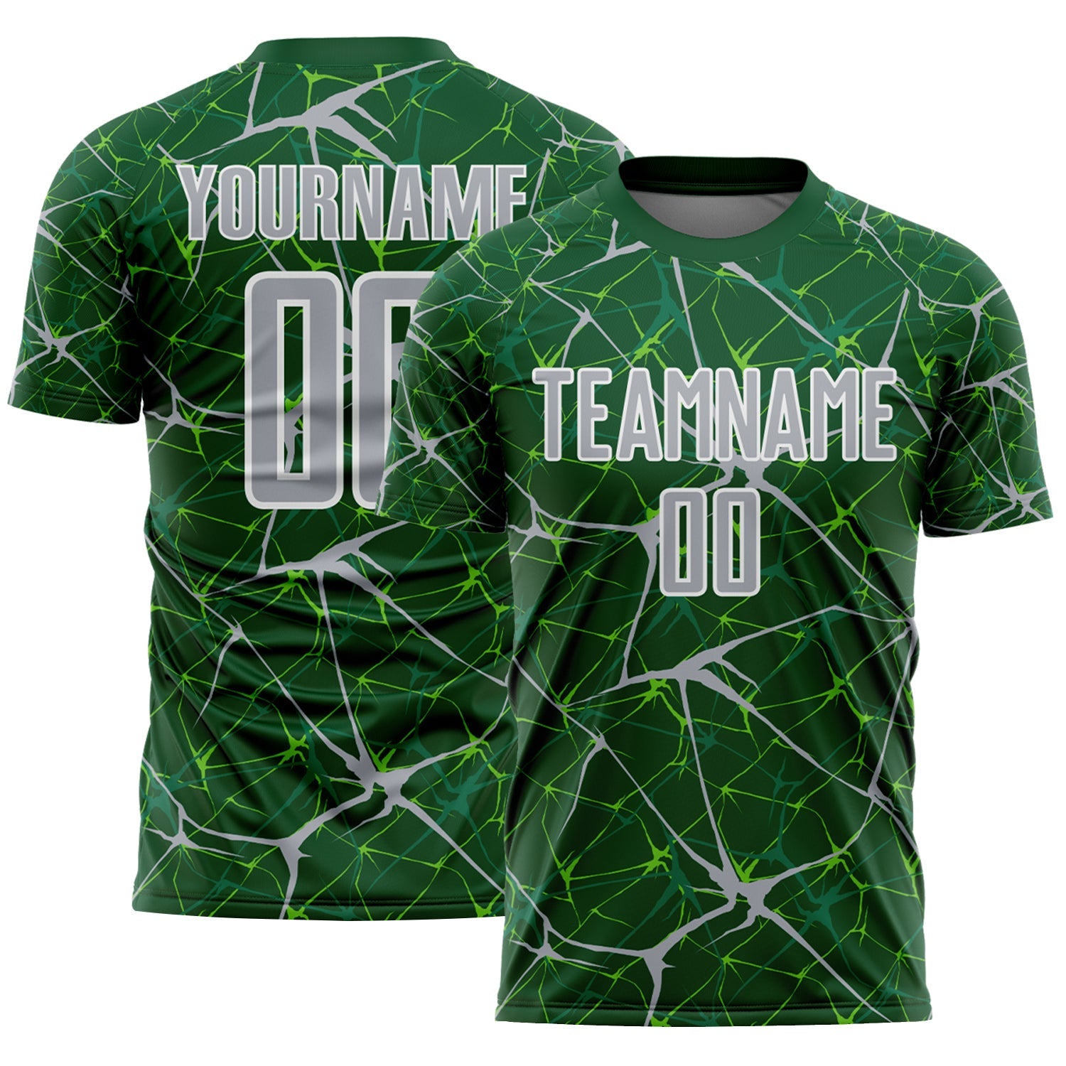 Custom Green Gray-White Abstract Network Crackle Sublimation Soccer Uniform Jersey - Main View