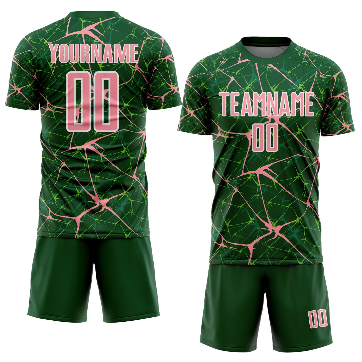 Custom Green Medium Pink-White Abstract Network Crackle Sublimation Soccer Uniform Jersey view 2