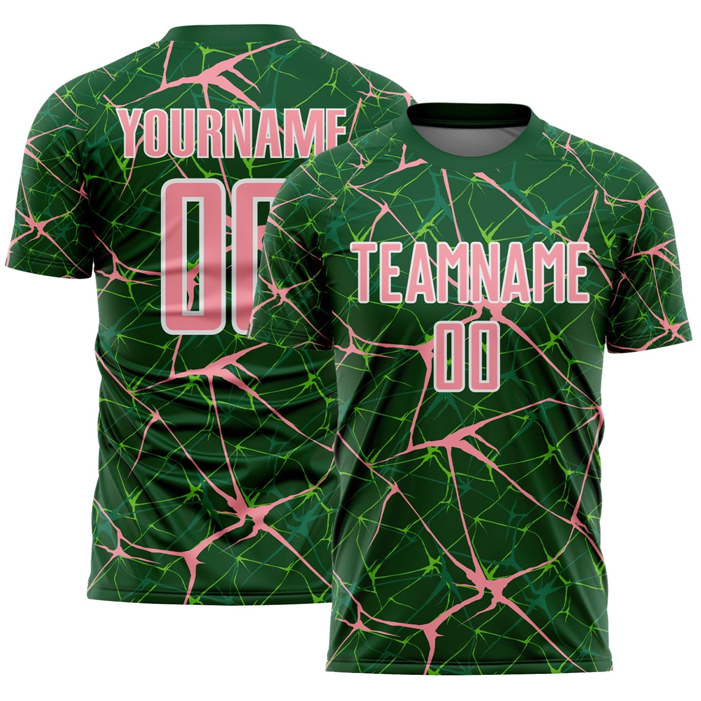 Custom Green Medium Pink-White Abstract Network Crackle Sublimation Soccer Uniform Jersey - Main View