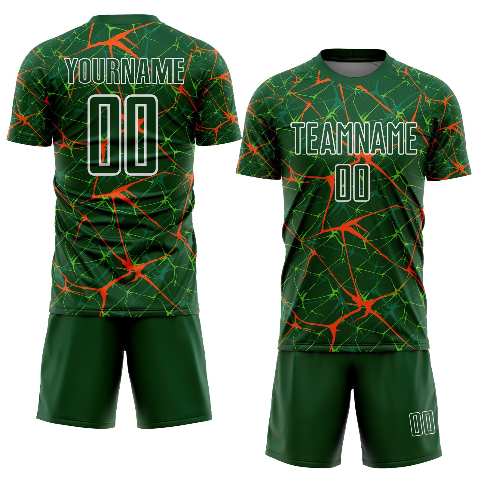 Custom Green Orange-White Abstract Network Crackle Sublimation Soccer Uniform Jersey view 2