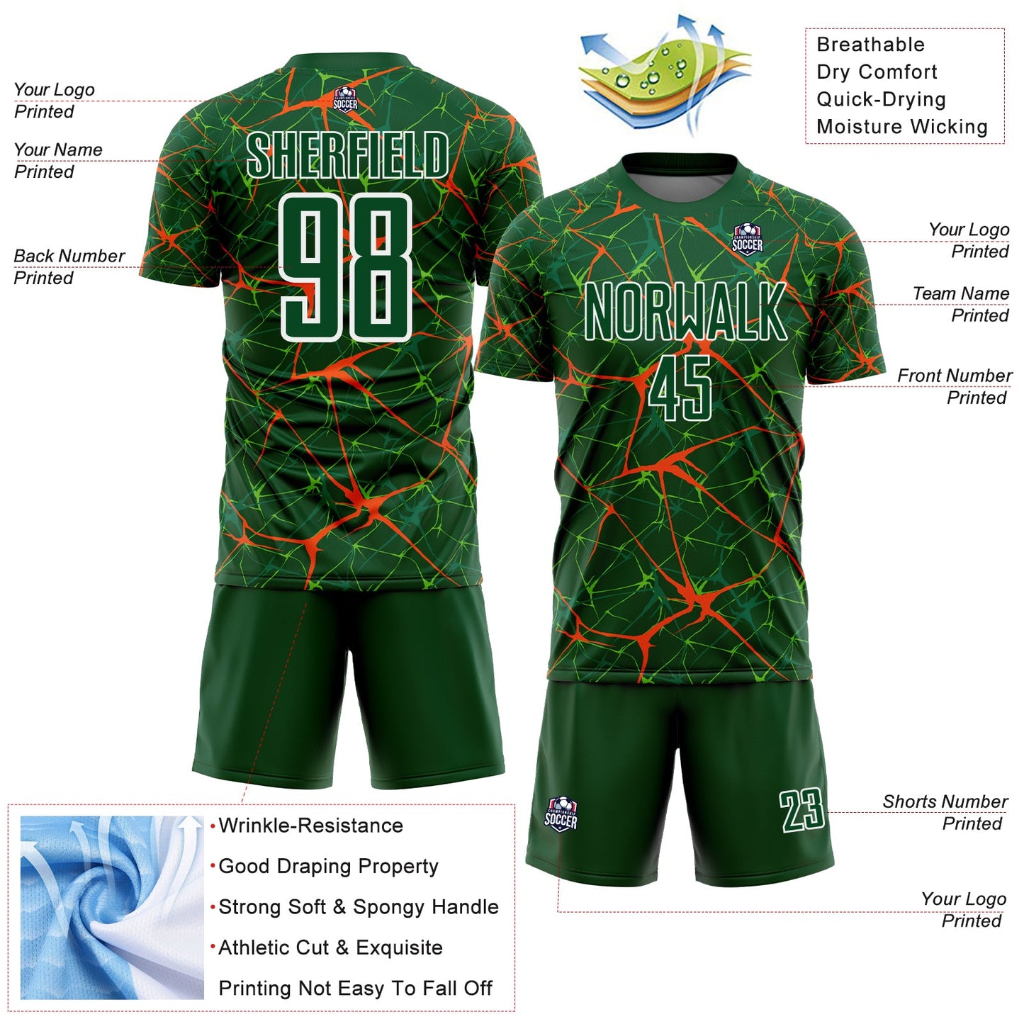 Custom Green Orange-White Abstract Network Crackle Sublimation Soccer Uniform Jersey view 4
