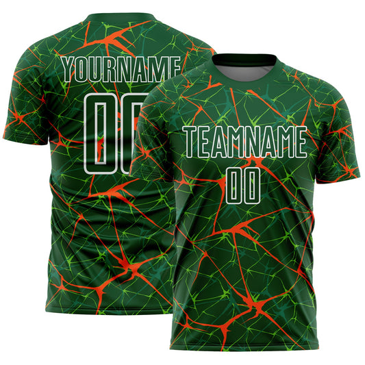 Custom Green Orange-White Abstract Network Crackle Sublimation Soccer Uniform Jersey - Main View