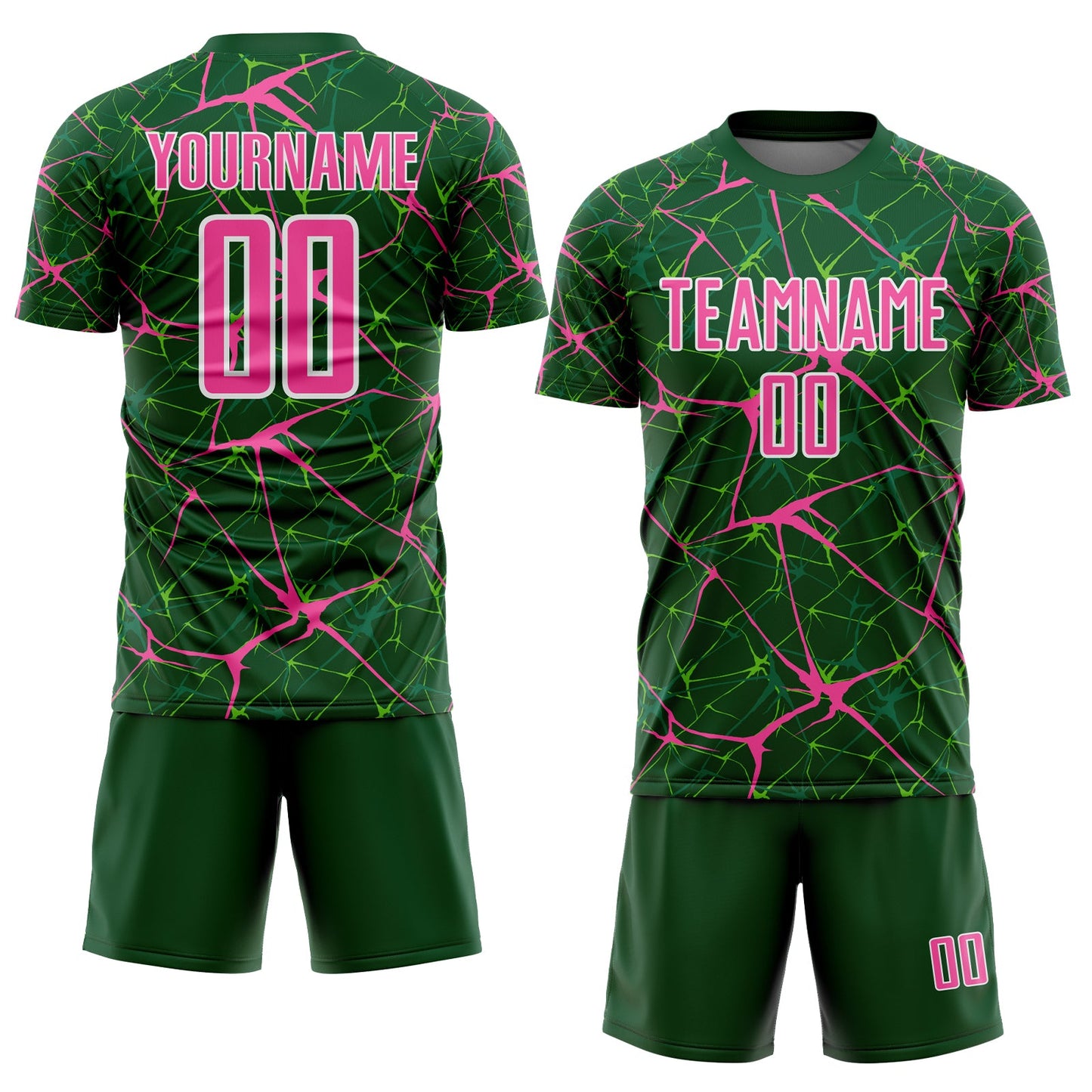 Custom Green Pink-White Abstract Network Crackle Sublimation Soccer Uniform Jersey view 2
