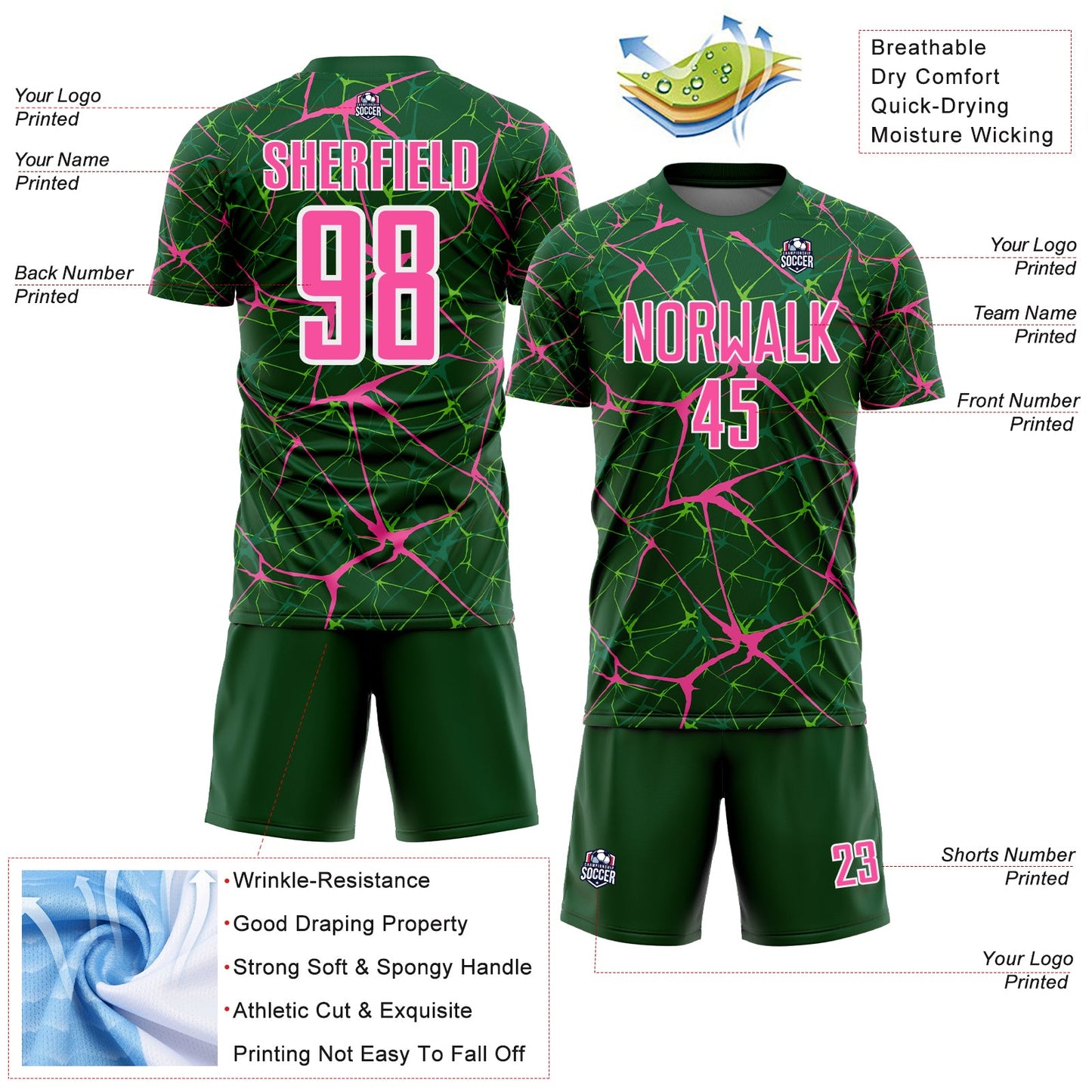 Custom Green Pink-White Abstract Network Crackle Sublimation Soccer Uniform Jersey view 4