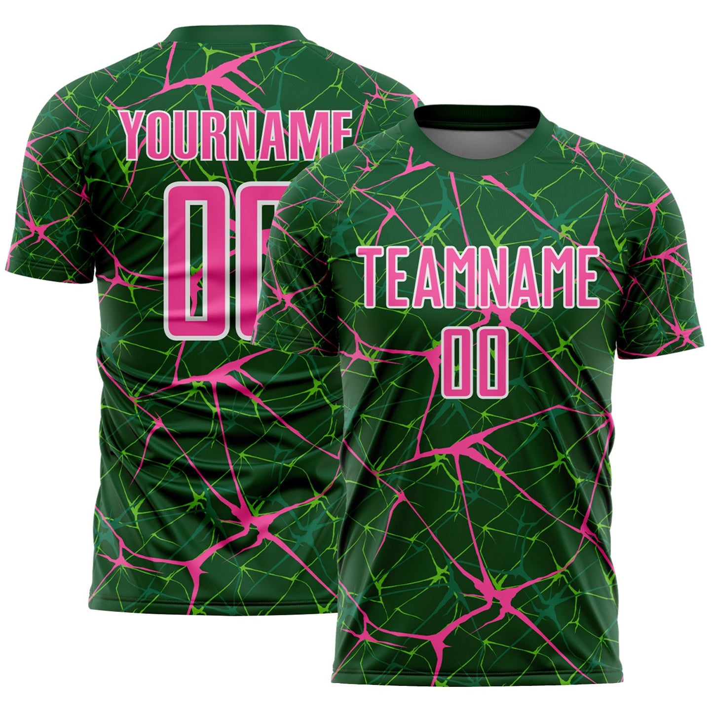 Custom Green Pink-White Abstract Network Crackle Sublimation Soccer Uniform Jersey - Main View