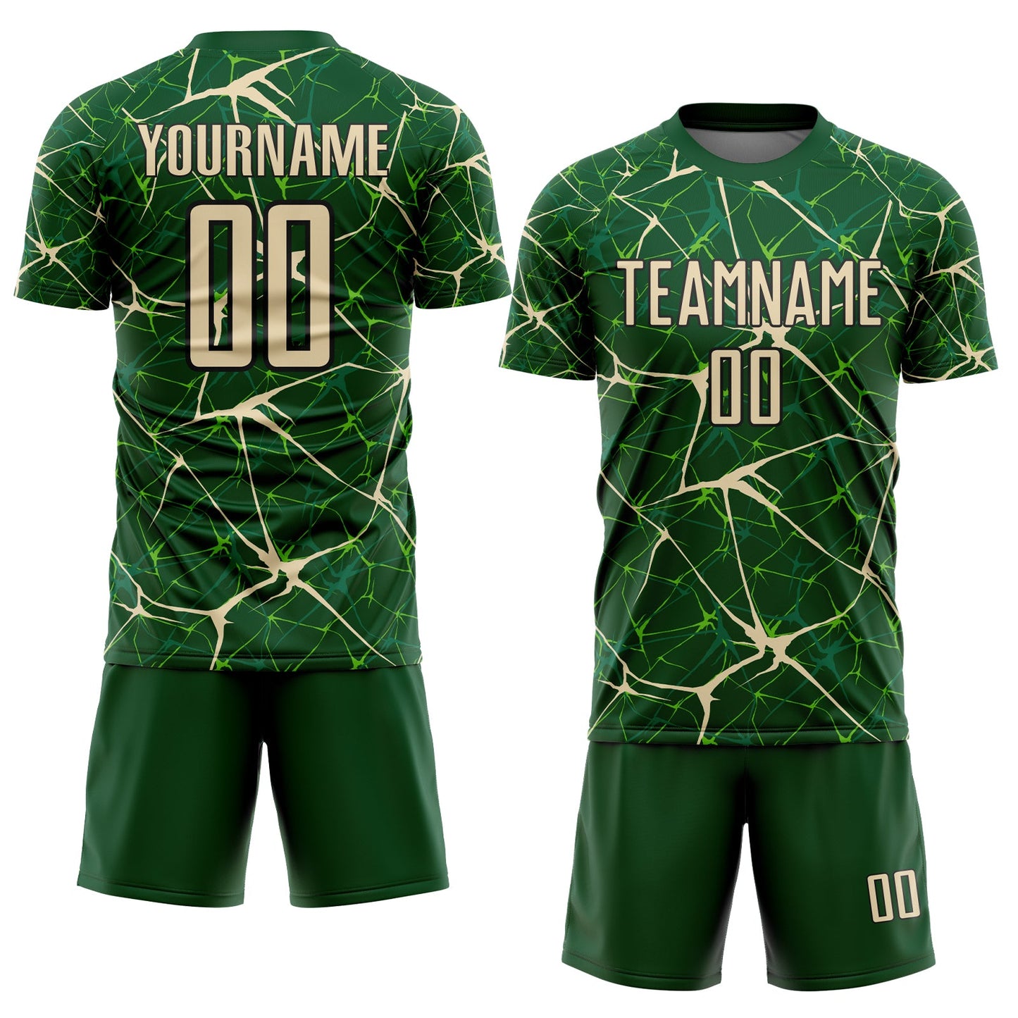 Custom Green Cream-Black Abstract Network Crackle Sublimation Soccer Uniform Jersey view 2