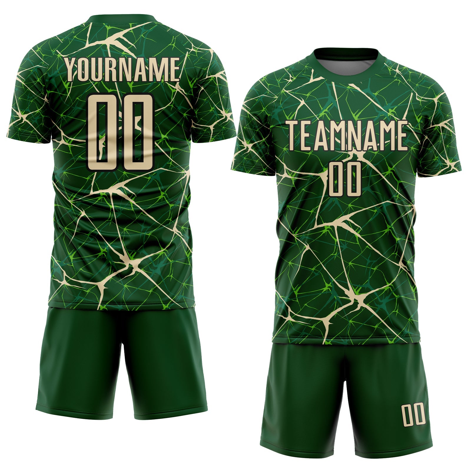 Custom Green Cream-Black Abstract Network Crackle Sublimation Soccer Uniform Jersey view 2