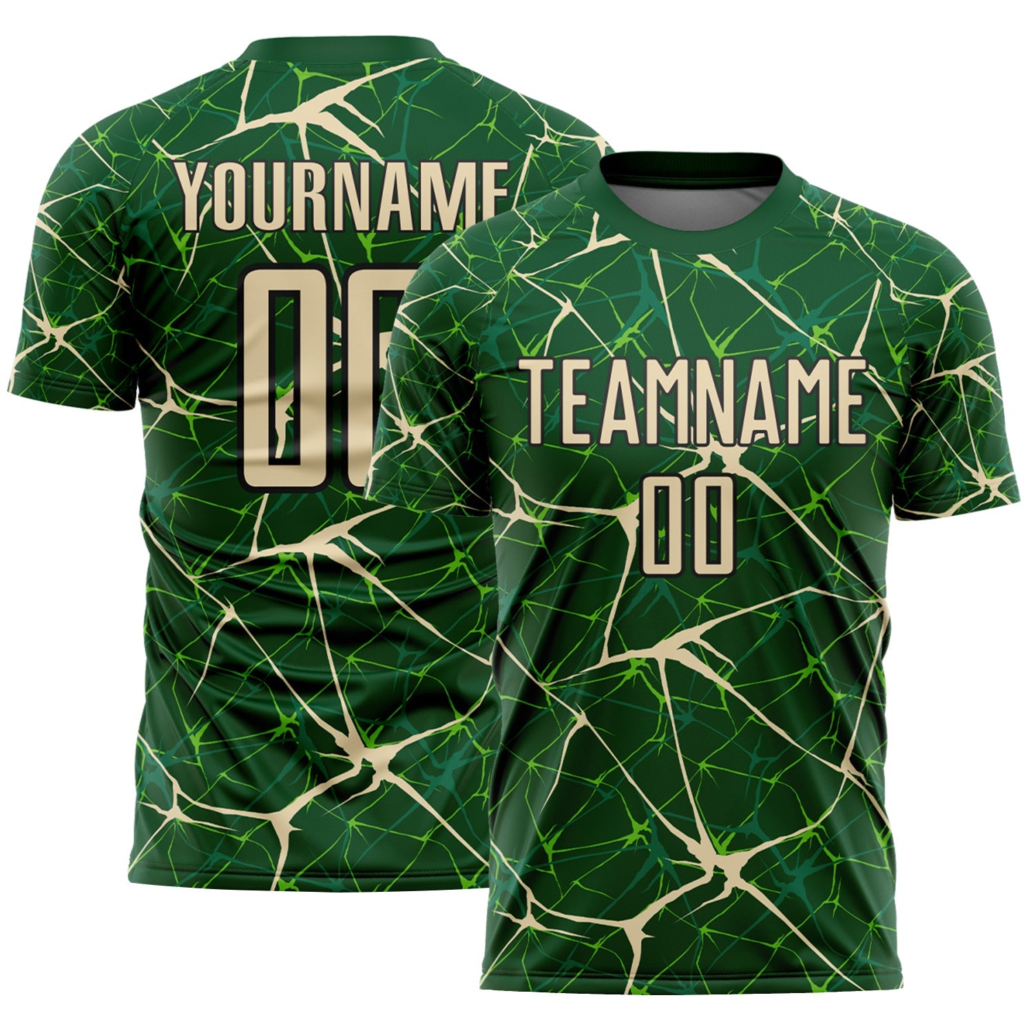 Custom Green Cream-Black Abstract Network Crackle Sublimation Soccer Uniform Jersey - Main View