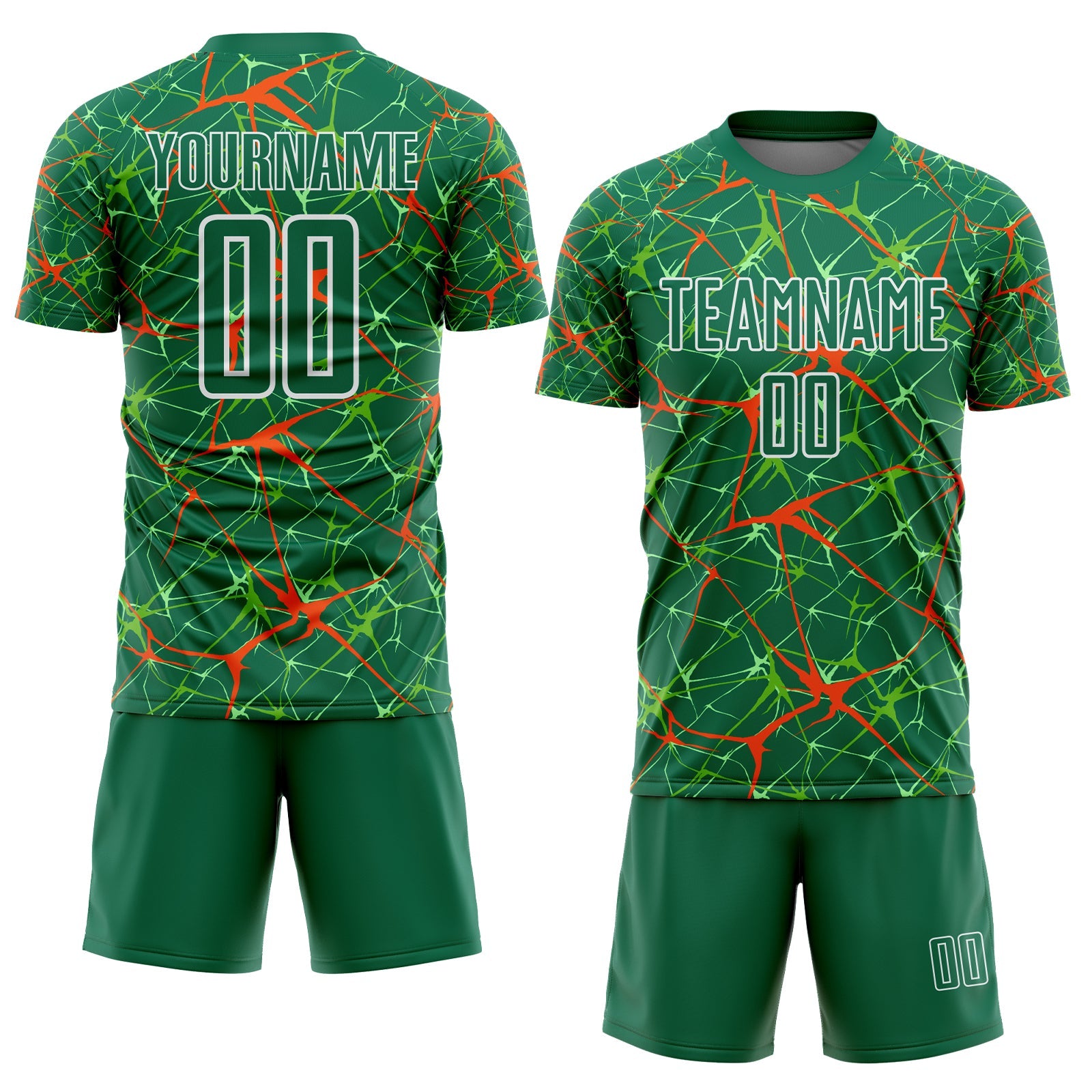 Custom Kelly Green Orange-White Abstract Network Crackle Sublimation Soccer Uniform Jersey view 2