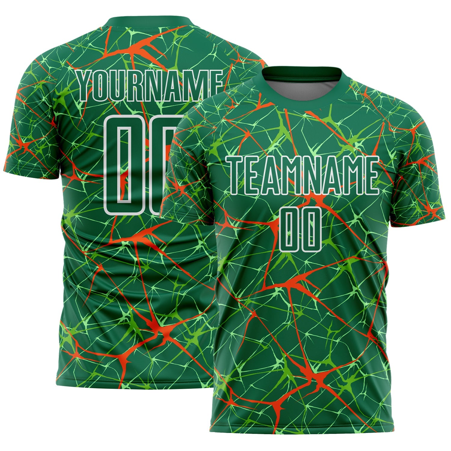 Custom Kelly Green Orange-White Abstract Network Crackle Sublimation Soccer Uniform Jersey - Main View