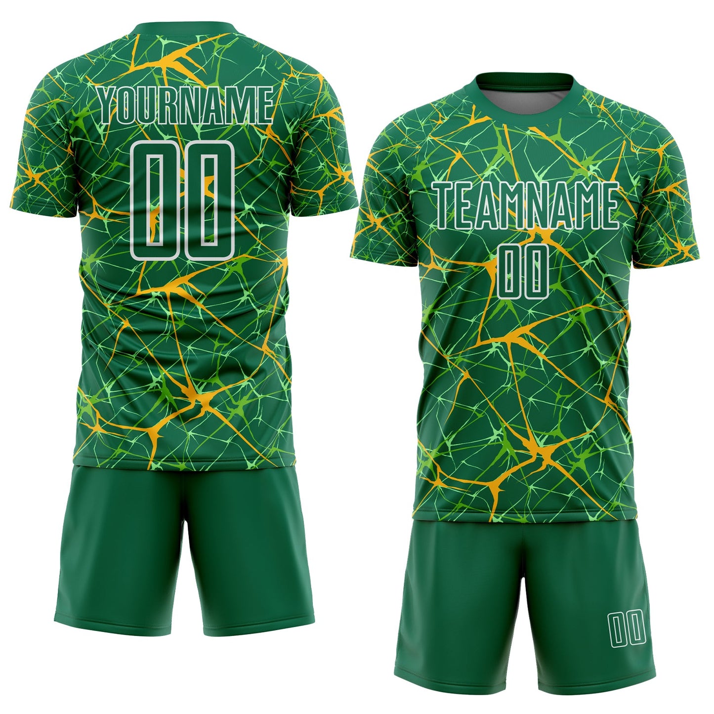 Custom Kelly Green Gold-White Abstract Network Crackle Sublimation Soccer Uniform Jersey view 2
