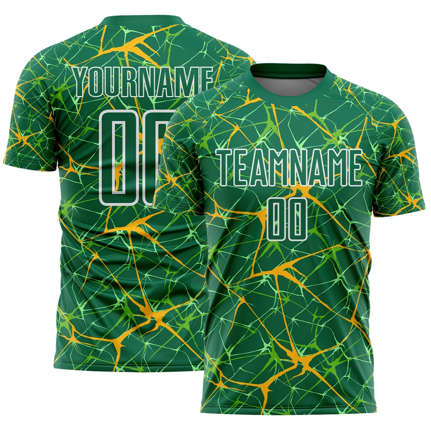 Custom Kelly Green Gold-White Abstract Network Crackle Sublimation Soccer Uniform Jersey - Main View