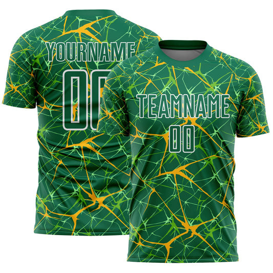 Custom Kelly Green Gold-White Abstract Network Crackle Sublimation Soccer Uniform Jersey - Main View