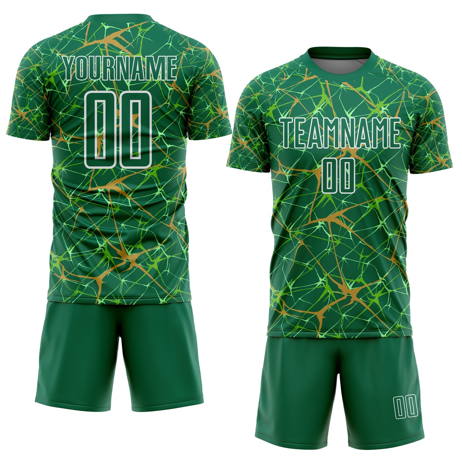 Custom Kelly Green Old Gold-White Abstract Network Crackle Sublimation Soccer Uniform Jersey view 2